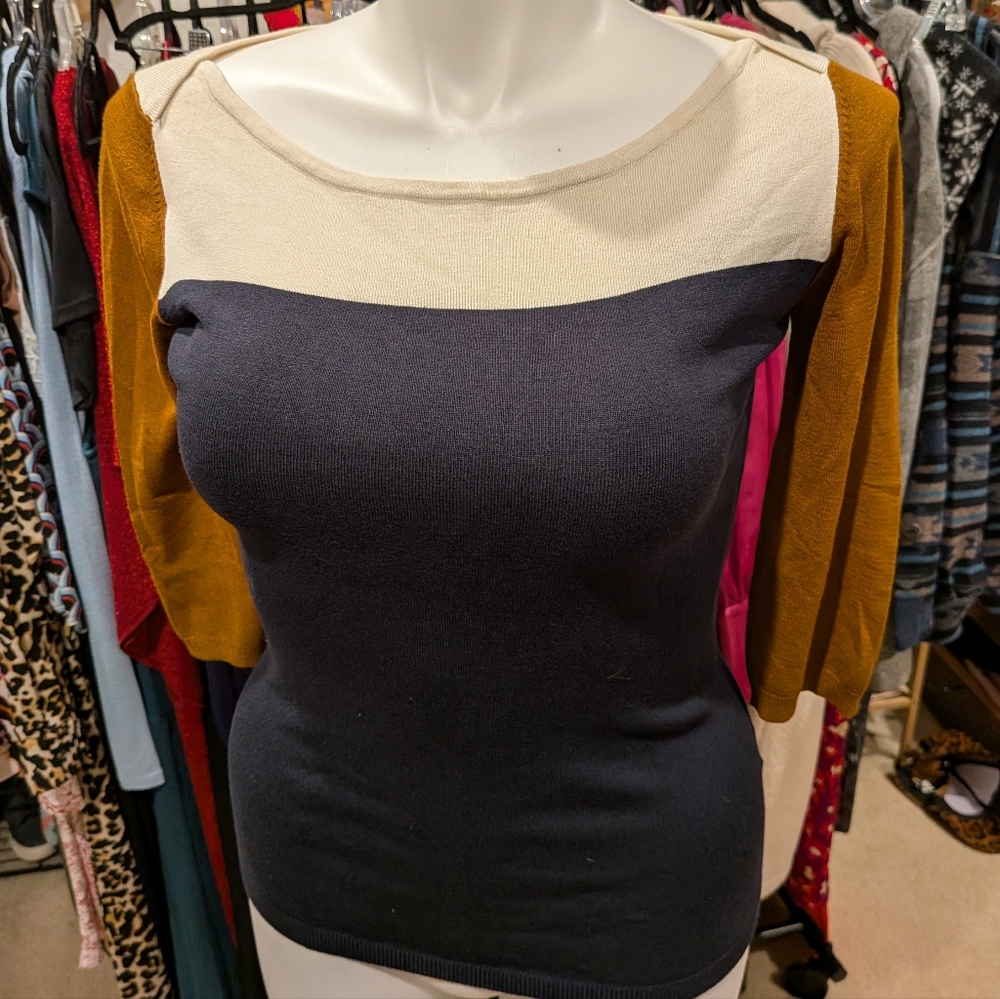 French Connection Navy, Cream, and Mustard Sweater L